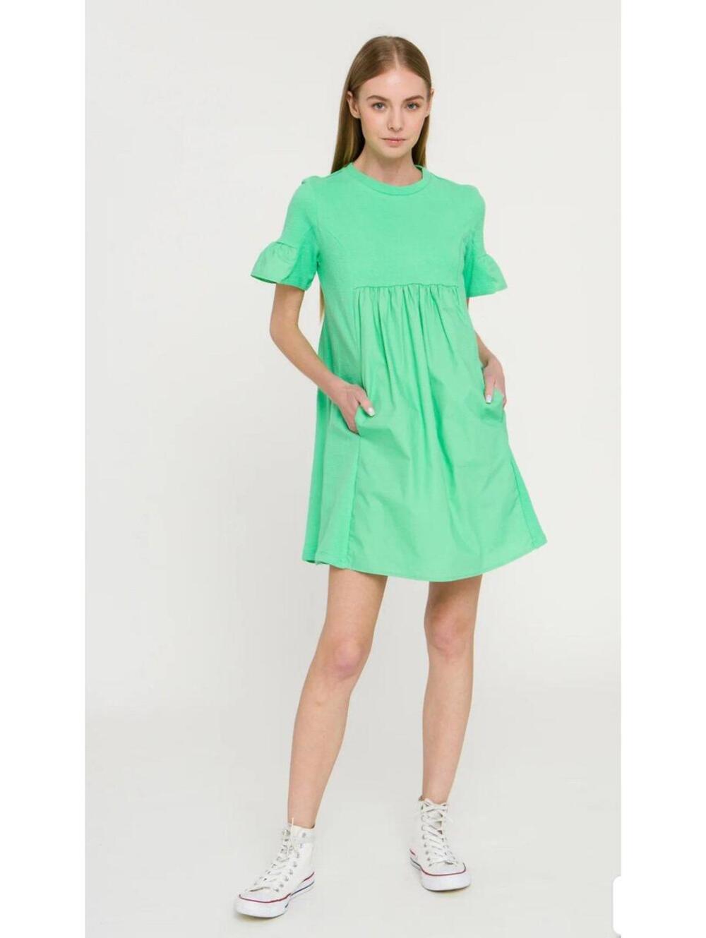 English Factory Texture Puff Sleeve Green Dress Sz XS EUC